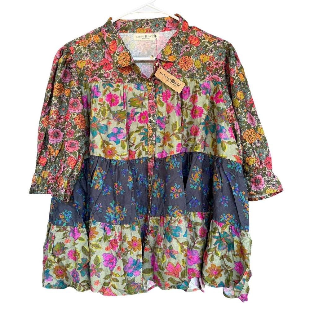 Natural Life Shirt Womens XL Multicolor Floral Button Front Boho Tunic Top